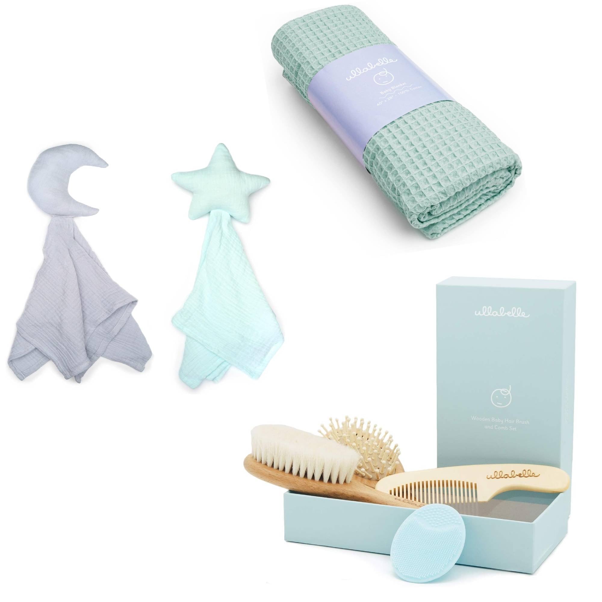 Newborn Baby Brush Set, Baby Security Blanket Set, and Waffle Blanket Bundle (Blue/Sage)