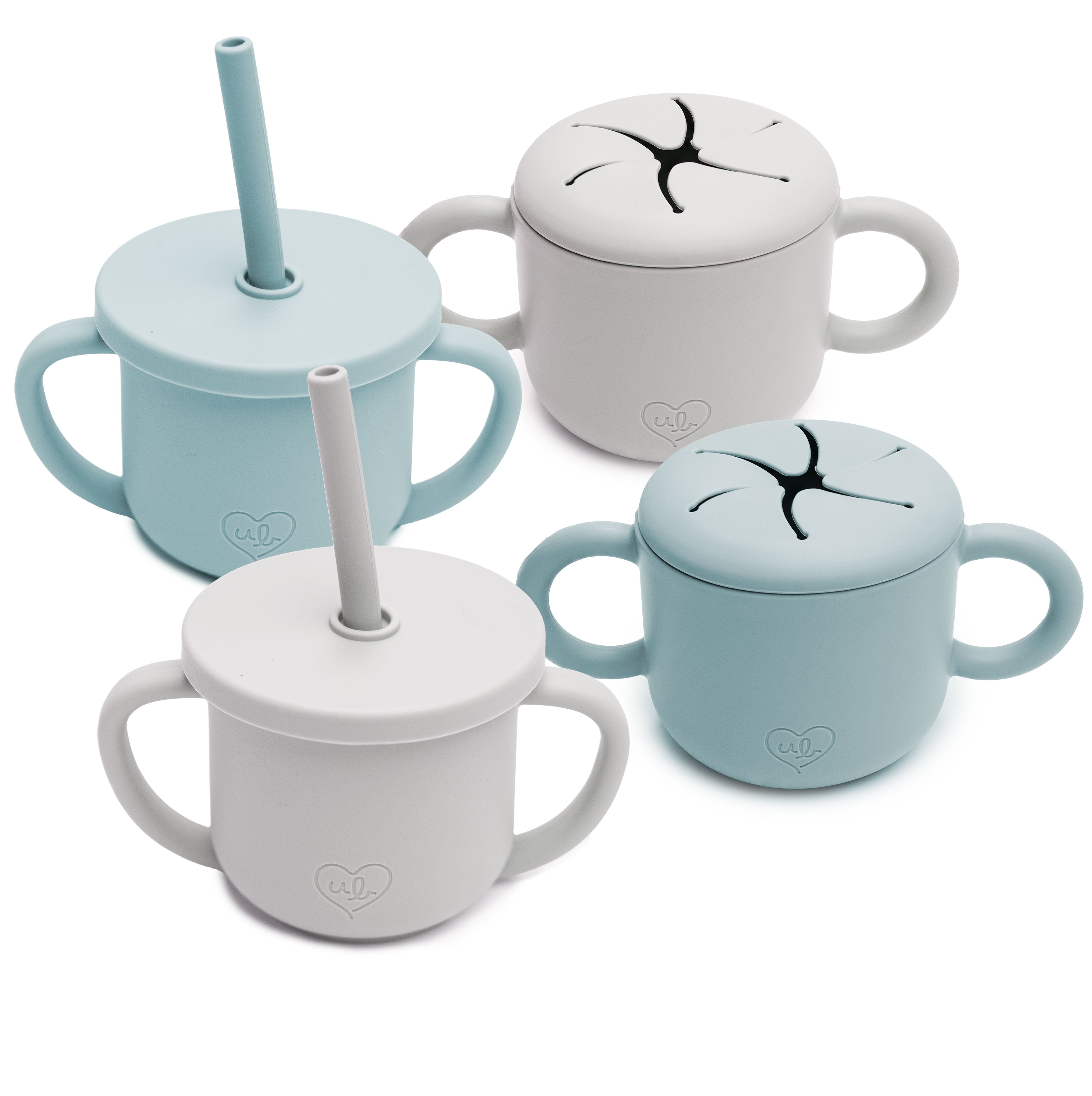 Snack and Straw Sippy Trainer Cup Set of 4 (Blue/Grey)