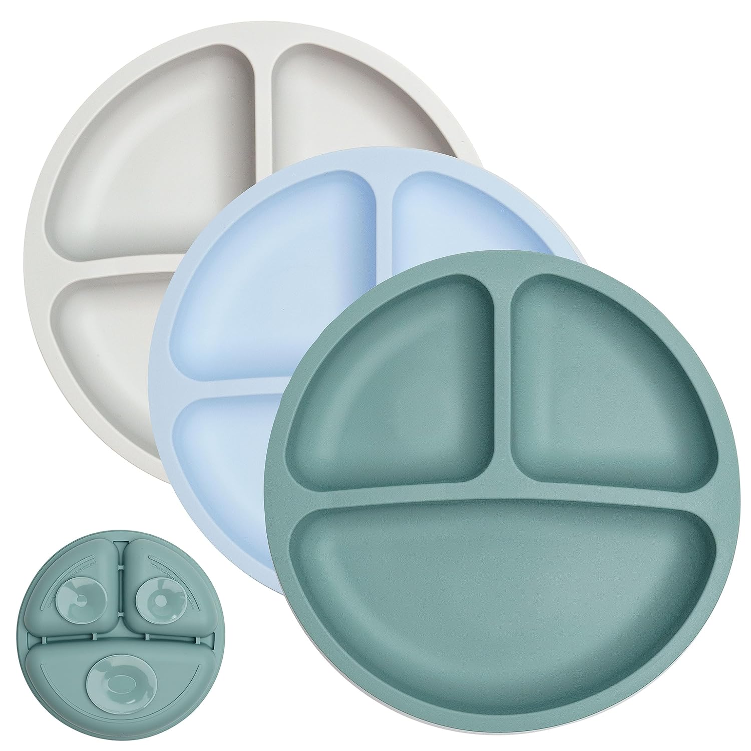 Set of 3 Suction Divided Baby Plates (Blue/Green/Grey)